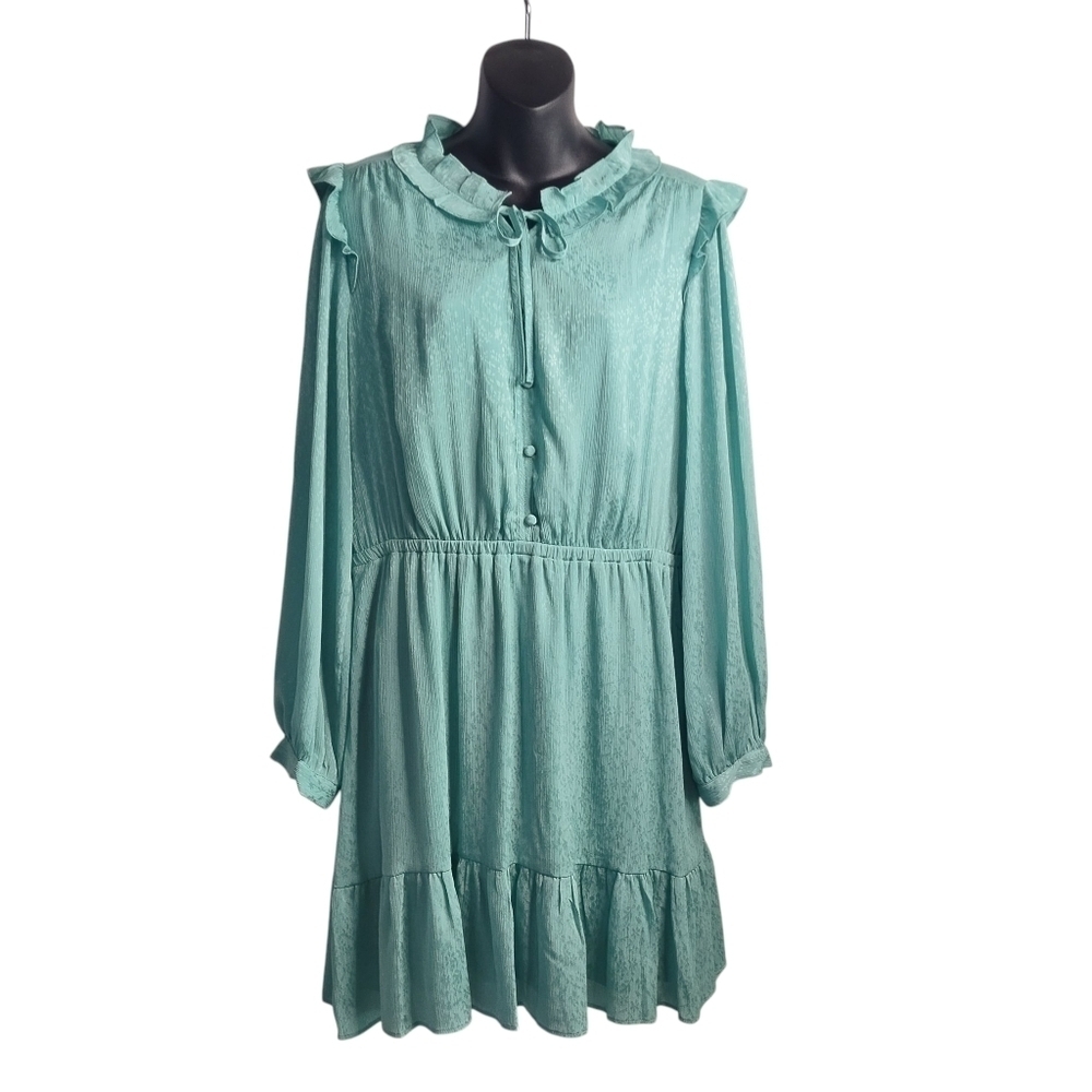 Lauren Conrad Green Ruffle Long Sleeve Mini Dress Womens Size L Boho Casual NWOT